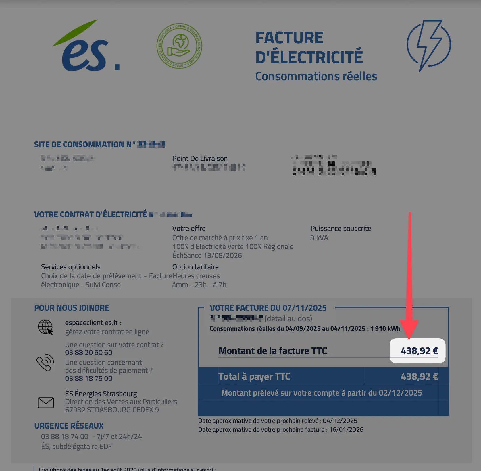 Facture d'électricité, avec le montant TTC de 438,92 € entouré.