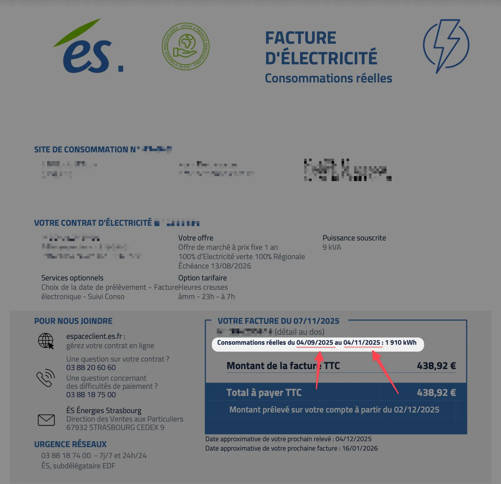 Facture d'électricité, avec la période de consommation soulignée : du 04/09/2025 au 04/11/2025.