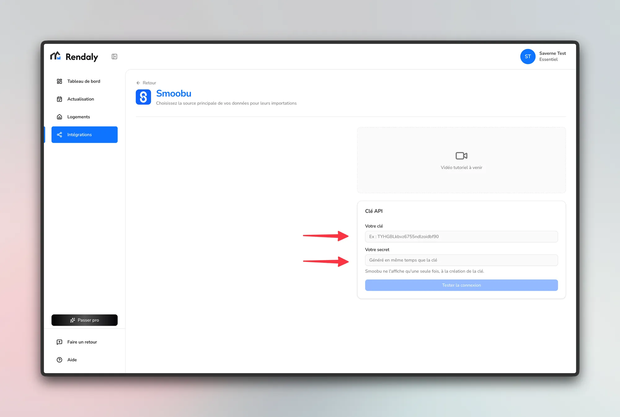 Page Smoobu de Rendaly, avec le bloc « Clé API » et ses champs « Votre clé » et « Votre secret ».
