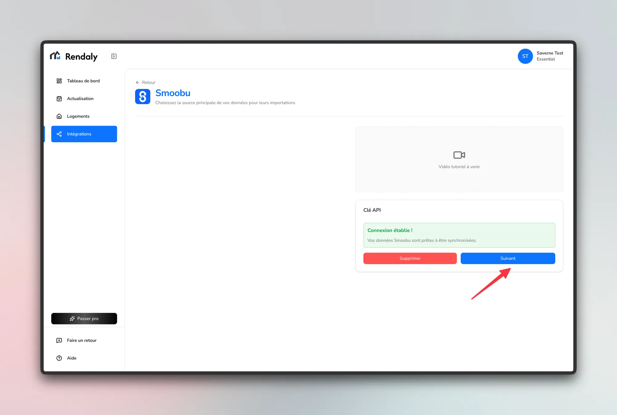 Bloc « Clé API » de Rendaly, avec le message « Connexion établie ! » et le bouton « Suivant ».