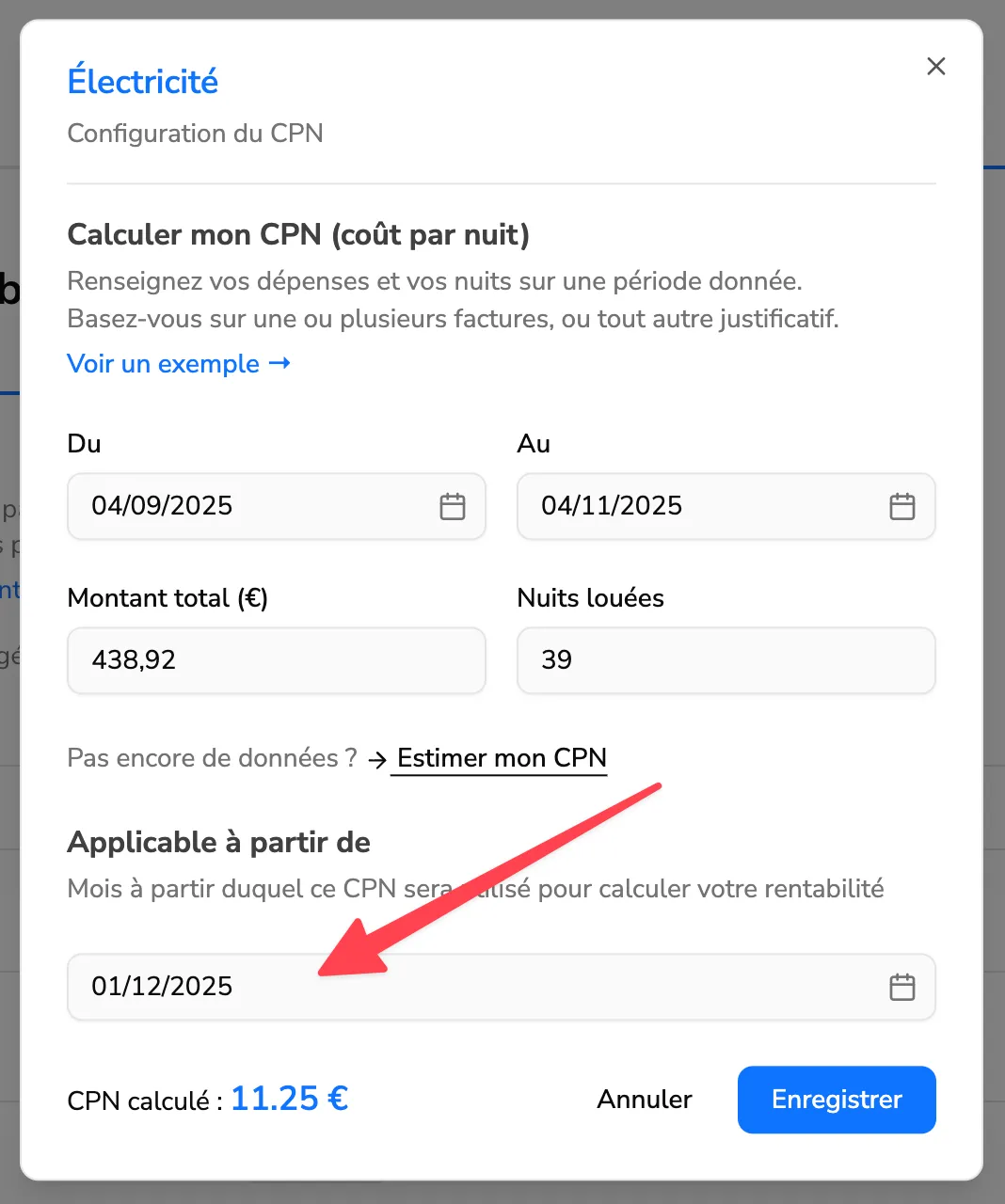 Bas du formulaire, avec le champ « Applicable à partir de » au 01/12/2025 et le CPN calculé à 11,25 €.