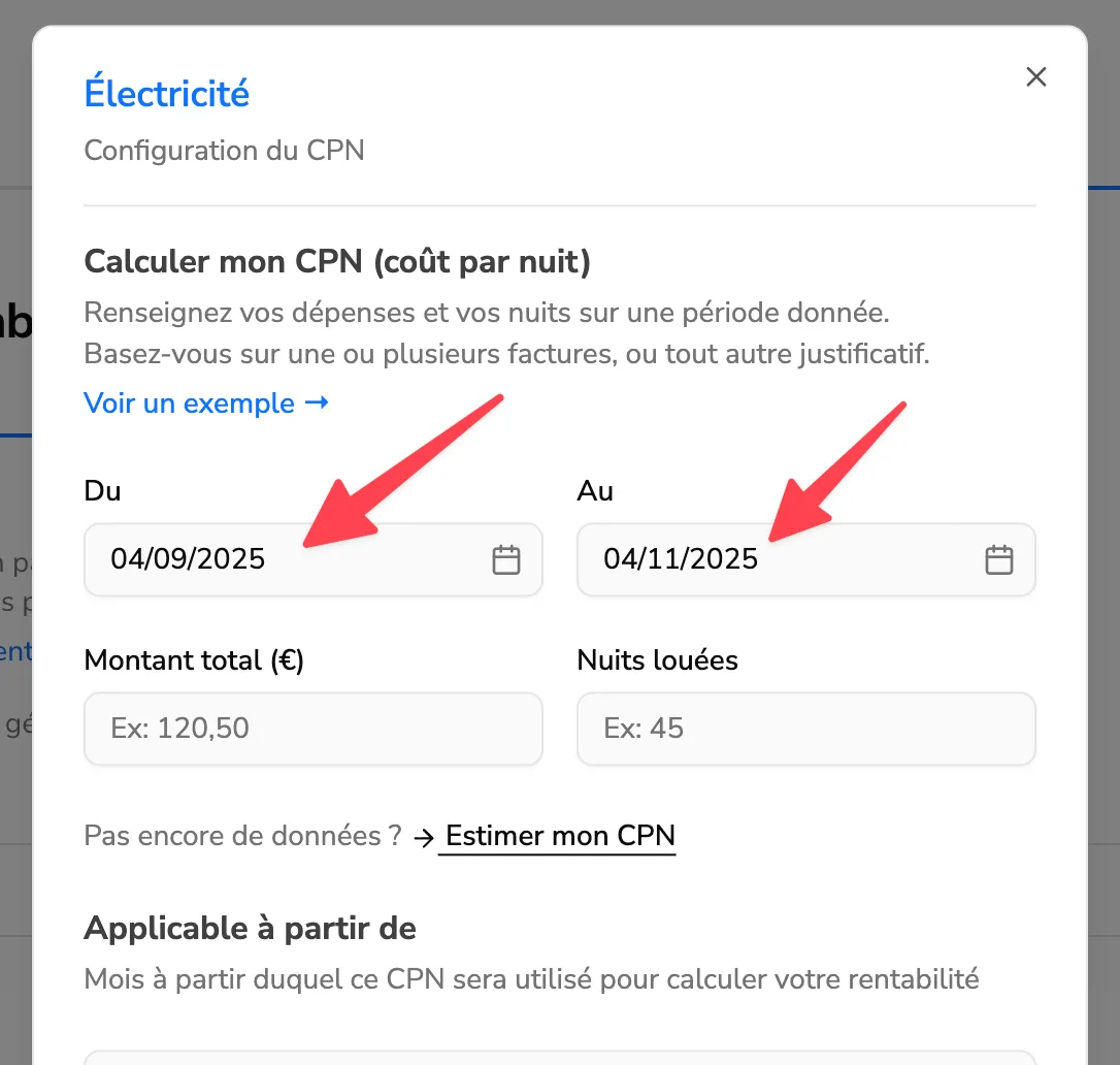 Formulaire « Configuration du CPN » de Rendaly, avec les champs Du et Au renseignés.